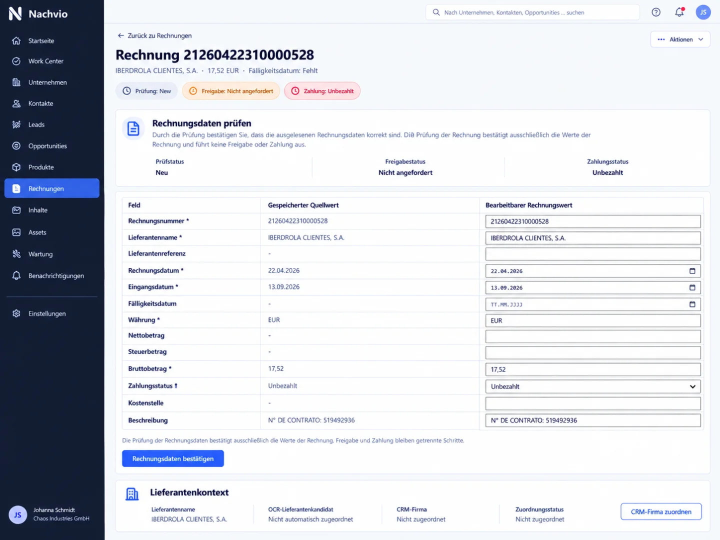 Invoice Verify Formular mit gespeicherten Quellwerten und bearbeitbaren Rechnungswerten.