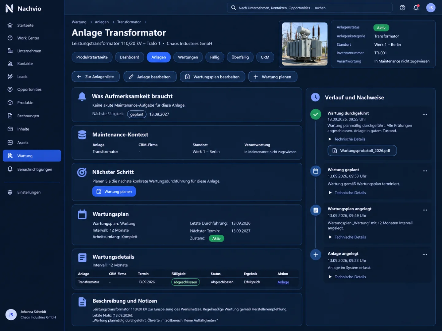 Maintenance Oberfläche mit Kontext, Wartungsplan und Verlauf.