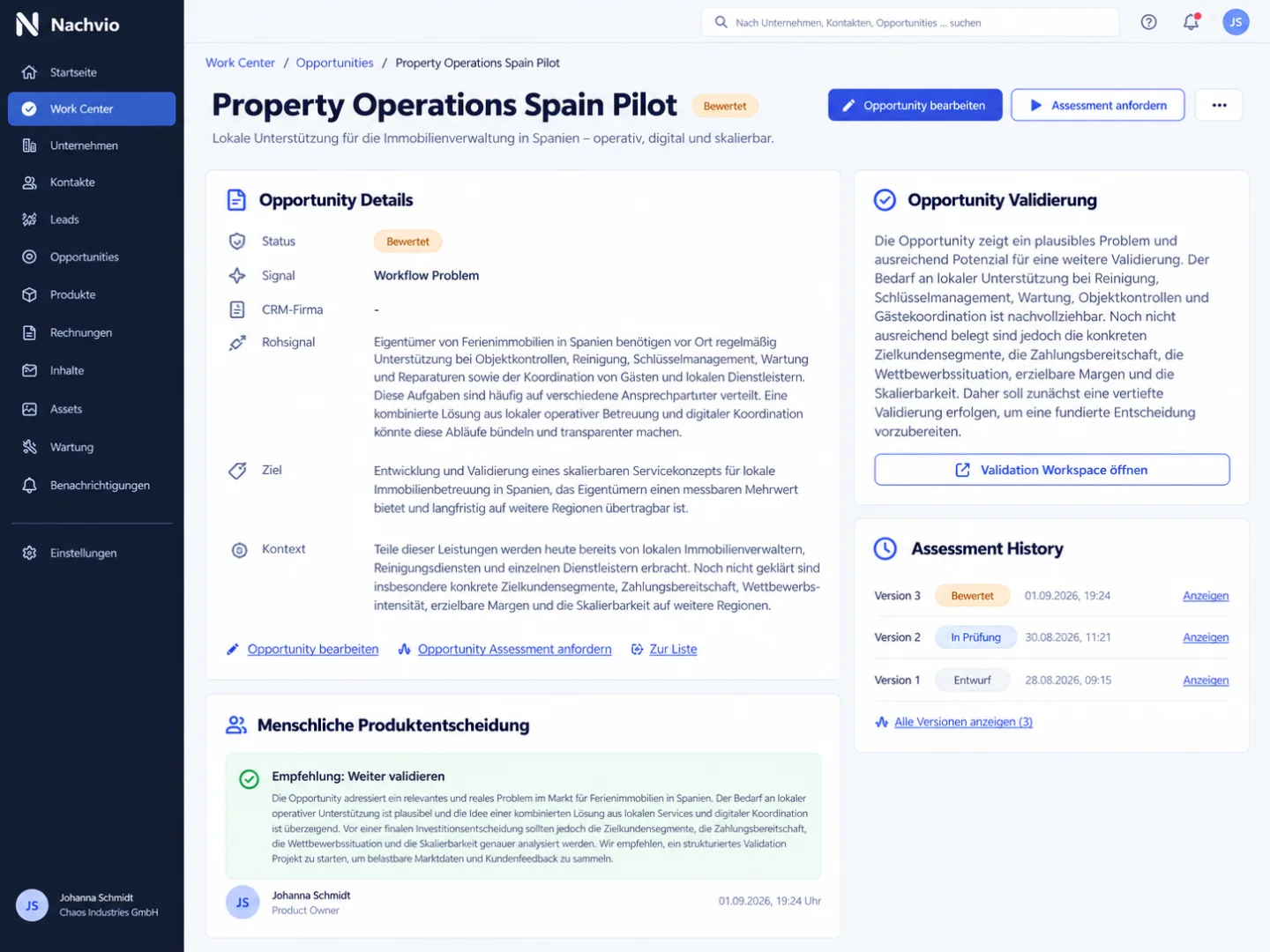 Opportunity Assessment mit menschlicher Produktentscheidung.