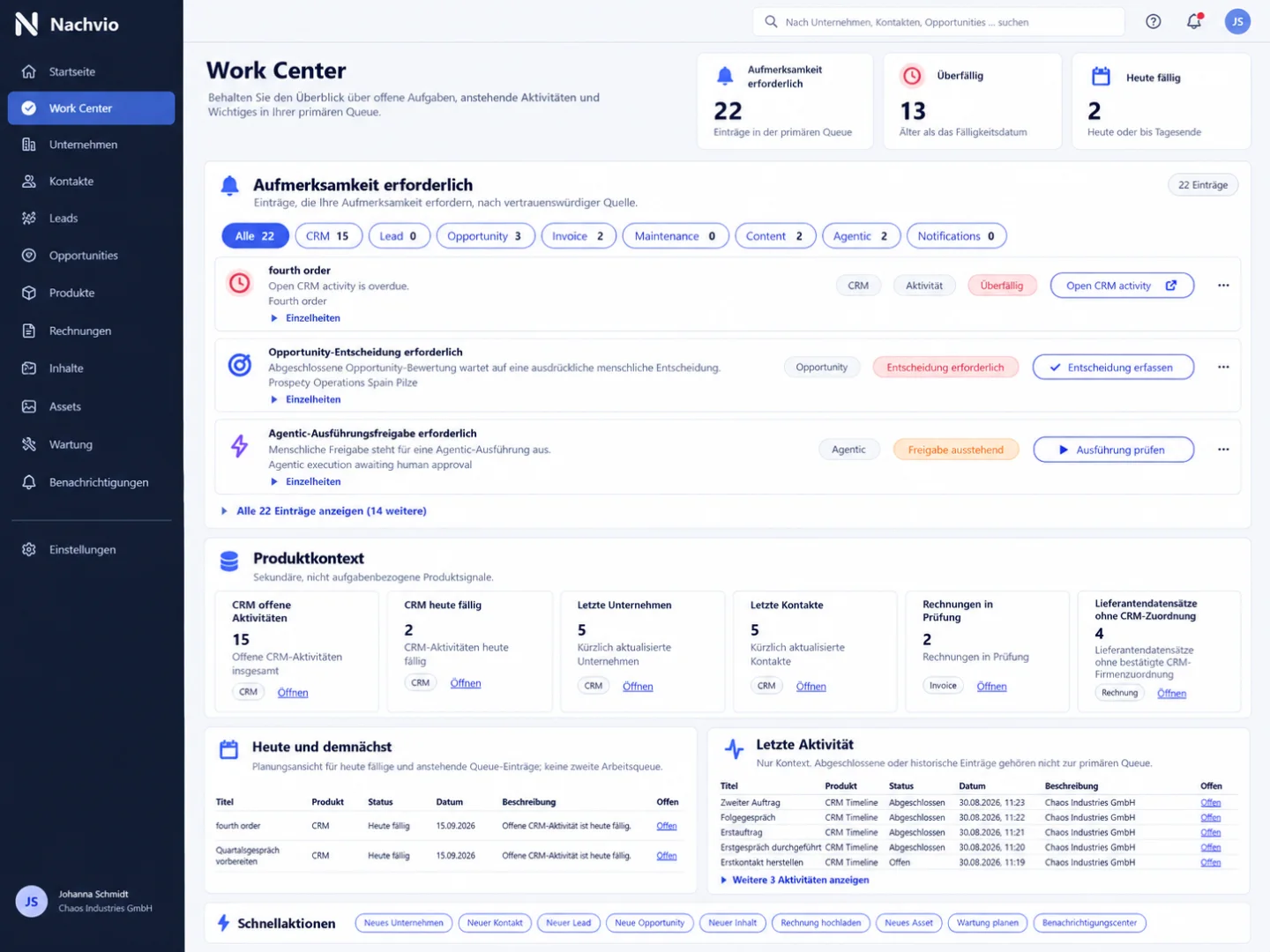 Nachvio Work Center mit Aufmerksamkeit, Produktkontext und nächsten Aktionen.